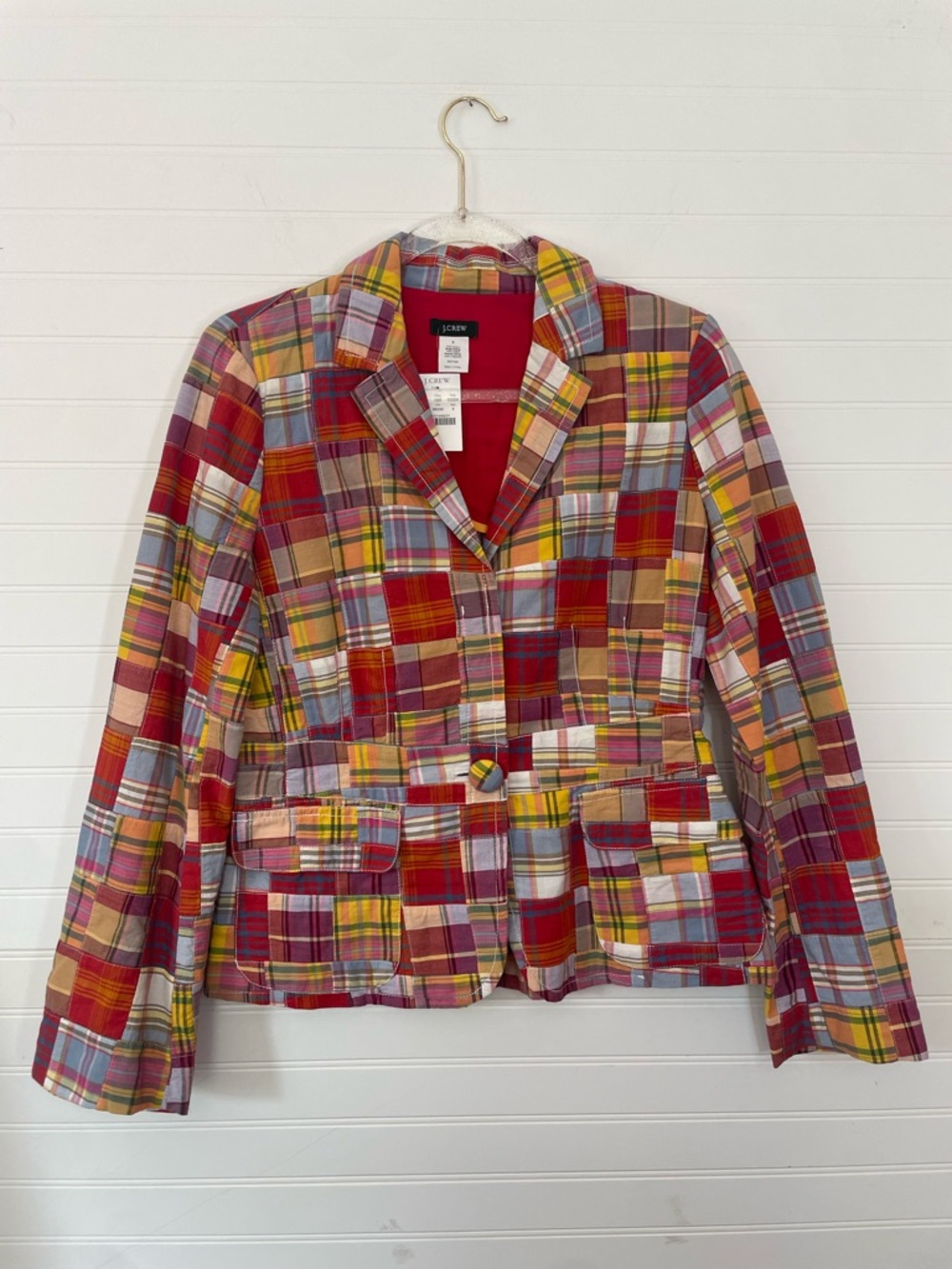 J.Crew Madras Multicolor Plaid Patch Jacket Blazer NEW Size 6 Cotton Preppy - Picture 1 of 7